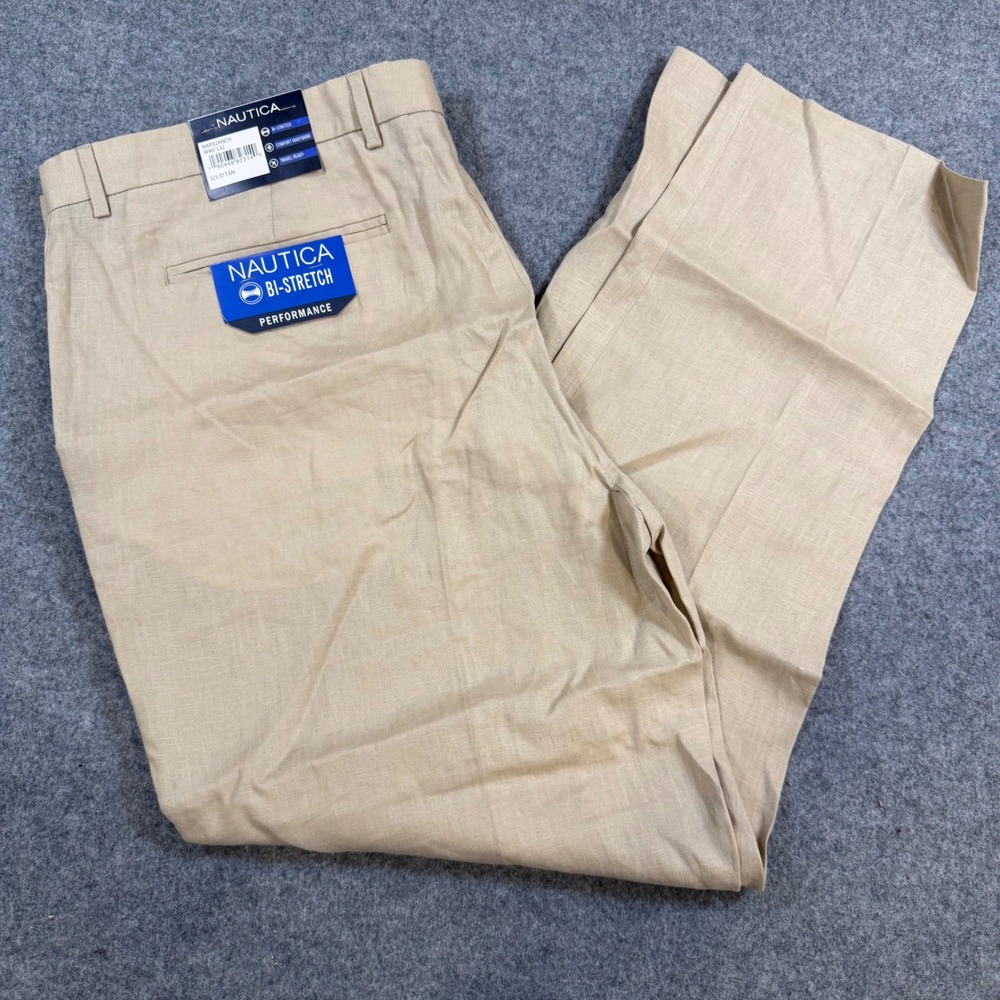 Nautica Mens Performance Bi-Stretch 100% Linen Pants 40x32 Tan NAP02ANCH